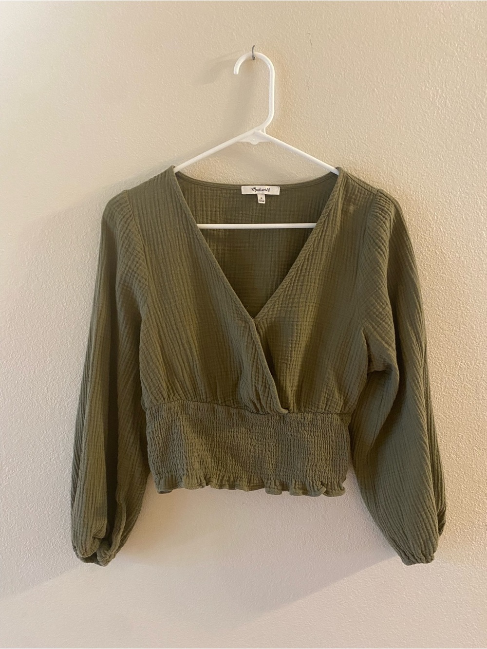 Madewell Olive Green V-Neck Smocked Waist Blouse